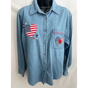 Vintage Las Olas Denim American Button Down Shirt Heart Retro S Patriot Cotton
